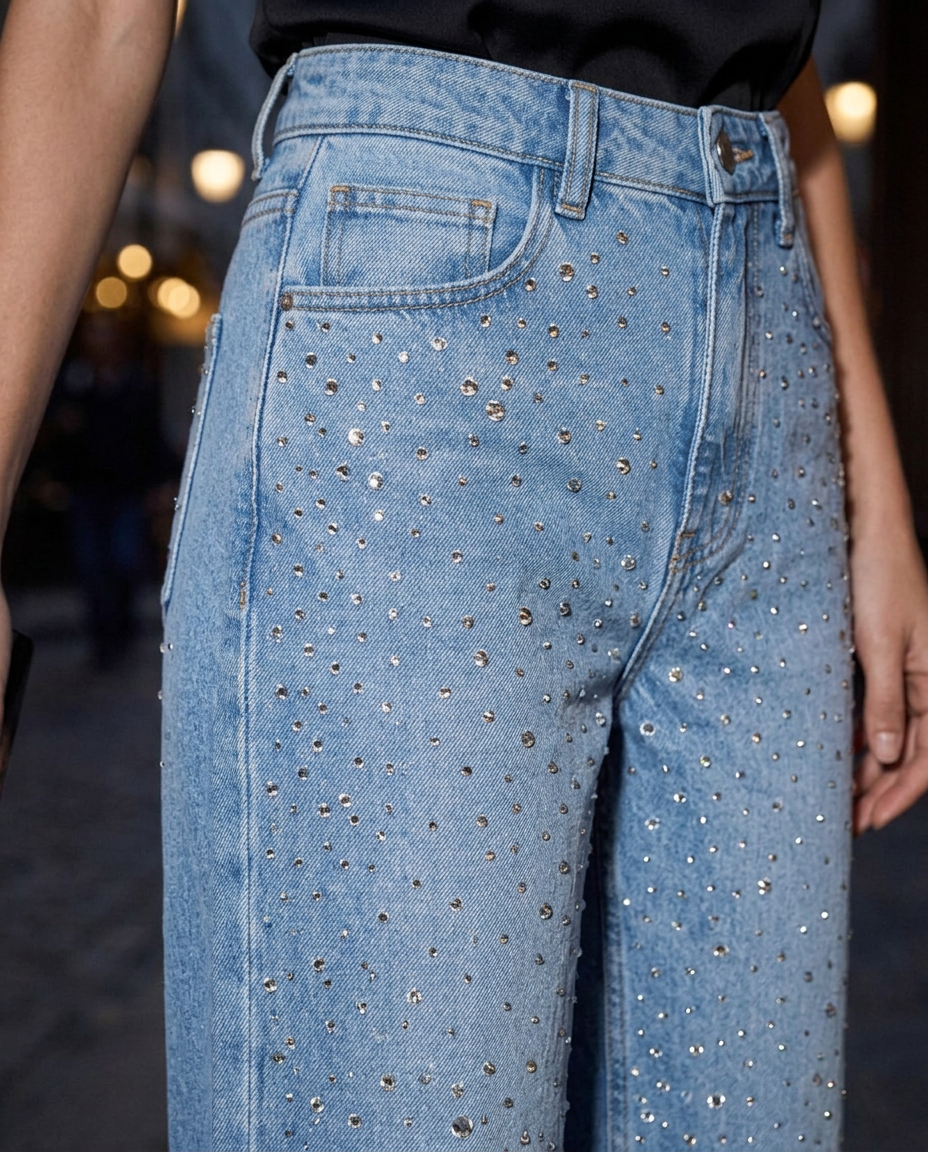 Disco Dust - Rhinestone Embellished Wide Leg Jeans - Ice Blue