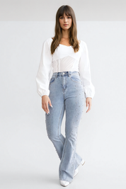 High Rise Rhinestone Embellished Boot Cut Flared Jeans - Ice Blue