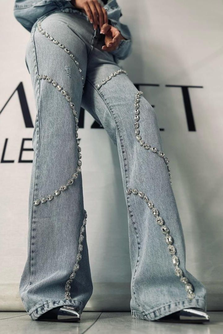 Rhinestone Embellished Wide Leg Jeans - Athena