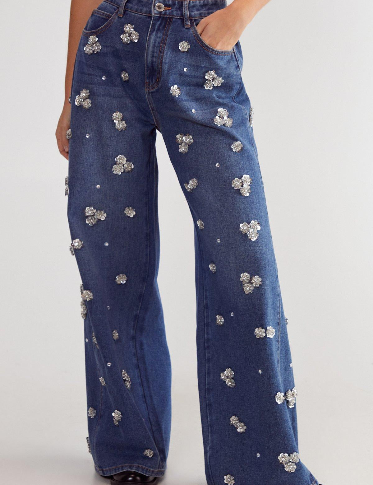 Flower Applique Rhinestone Embellished Wide Leg Jeans