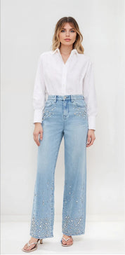 Bling It On - Rhinestone Embellished Wide Leg Jeans