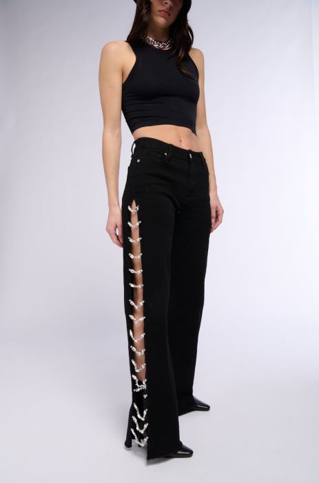 Side Slit Rhinestone Embellished Jeans - Black