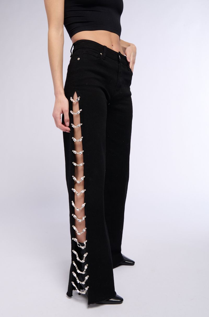 Side Slit Rhinestone Embellished Jeans - Black