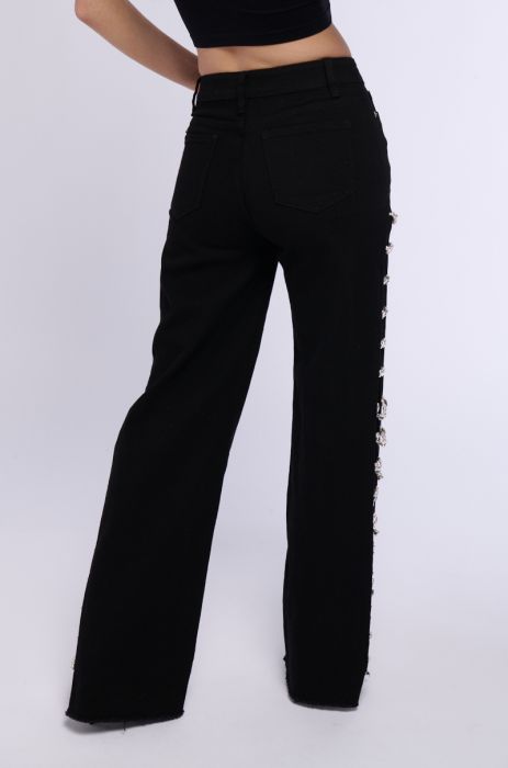 Side Slit Rhinestone Embellished Jeans - Black