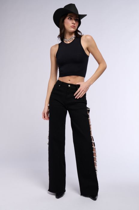 Side Slit Rhinestone Embellished Jeans - Black