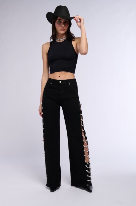 Side Slit Rhinestone Embellished Jeans - Black