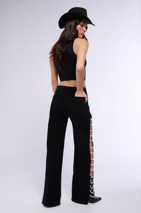 Side Slit Rhinestone Embellished Jeans - Black