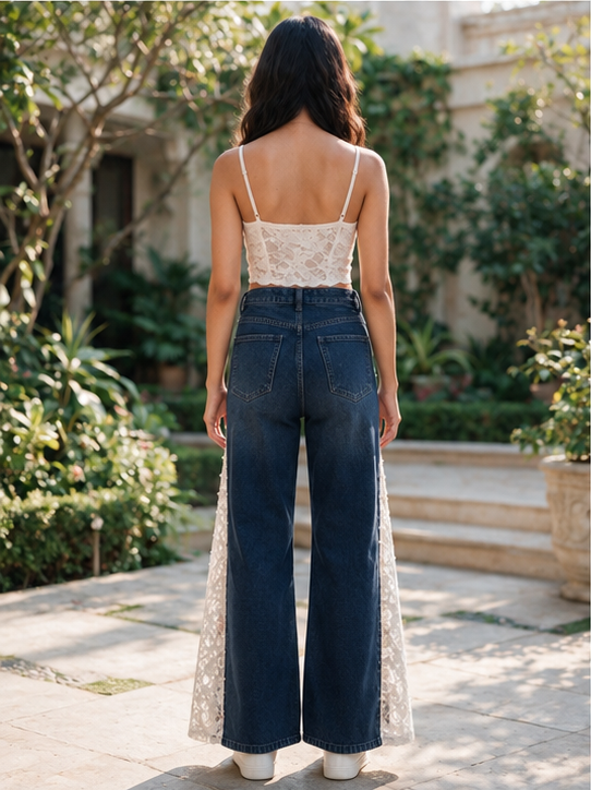 Juliette - Pearl Embellished Lace Jeans - Dark Blue
