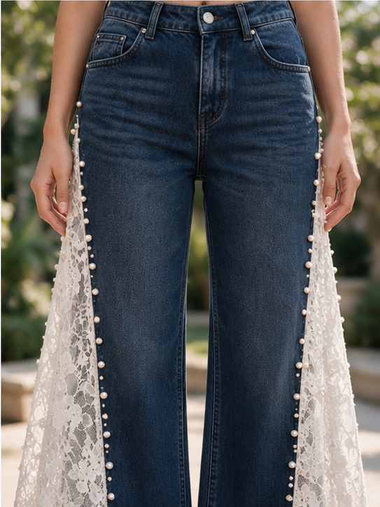 Juliette - Pearl Embellished Lace Jeans - Dark Blue
