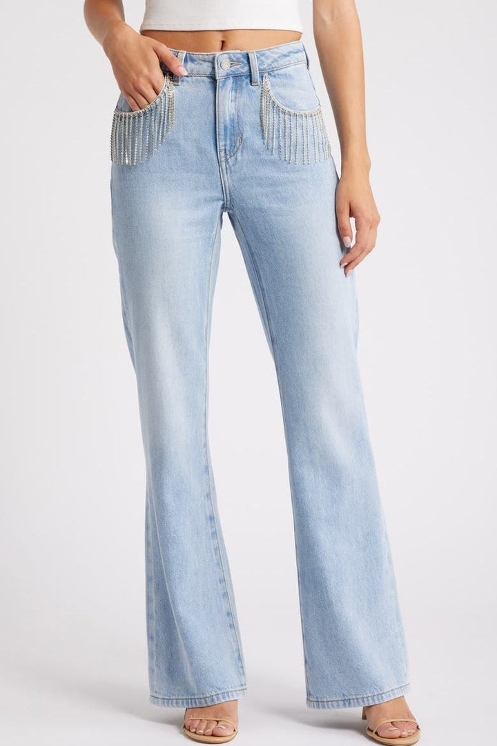 Rhinestone Tassel Wide Leg Jeans - Ice Blue