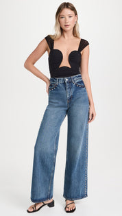 Electric Aura - Rhinestone Embellished Wide Leg Jeans - Dark Blue