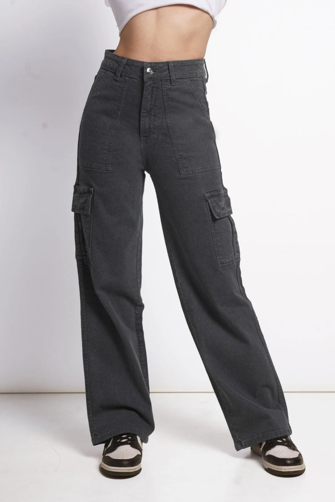 Metal Grey High Waist Cargo Jeans