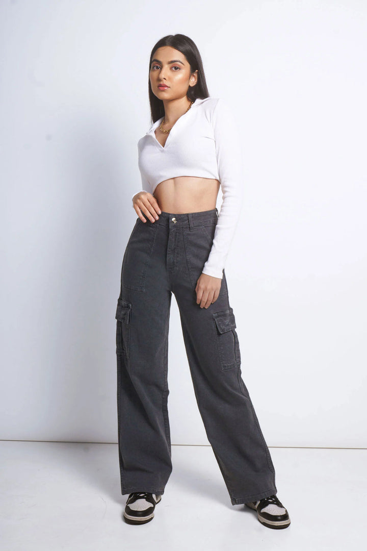 Metal Grey High Waist Cargo Jeans