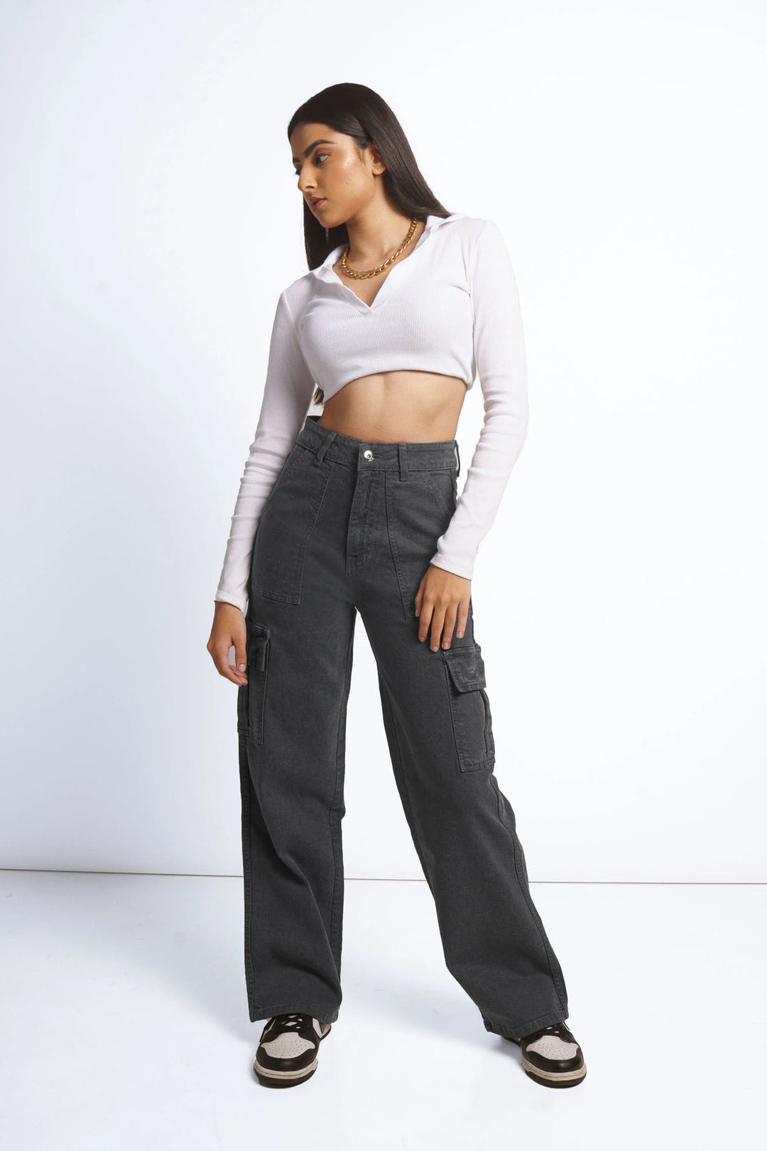 Metal Grey High Waist Cargo Jeans