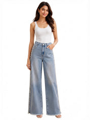 Lea - Pearl Embellished Wide Leg Jeans - Ice Blue