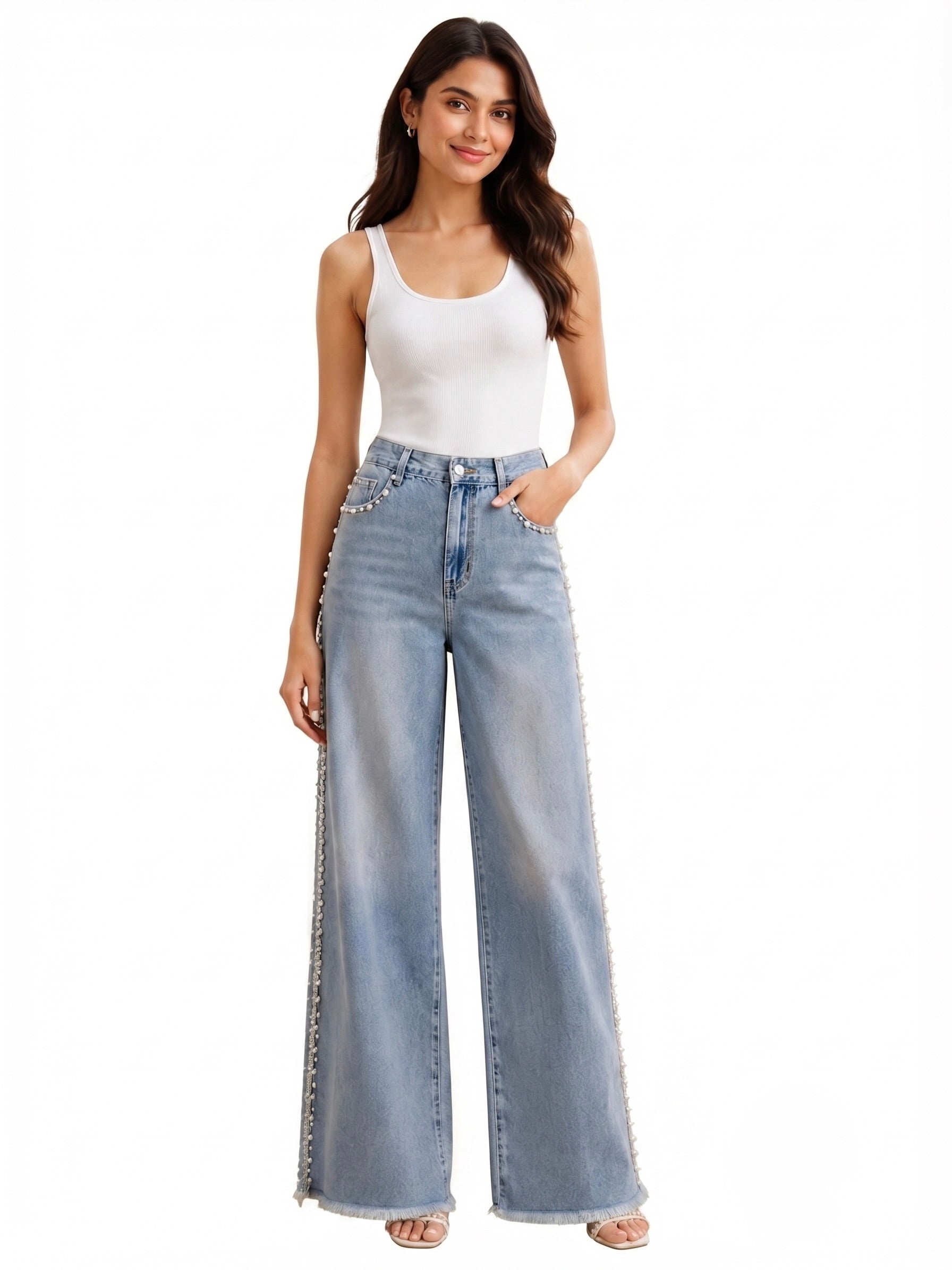 Lea - Pearl Embellished Wide Leg Jeans - Ice Blue