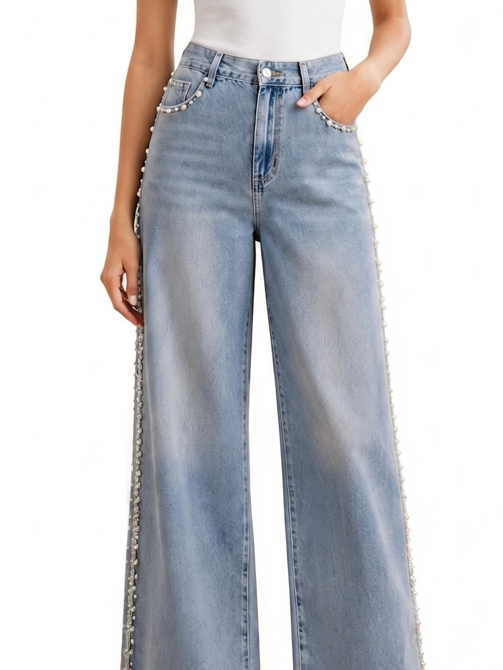 Lea - Pearl Embellished Wide Leg Jeans - Ice Blue
