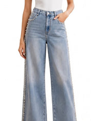 Lea - Pearl Embellished Wide Leg Jeans - Ice Blue