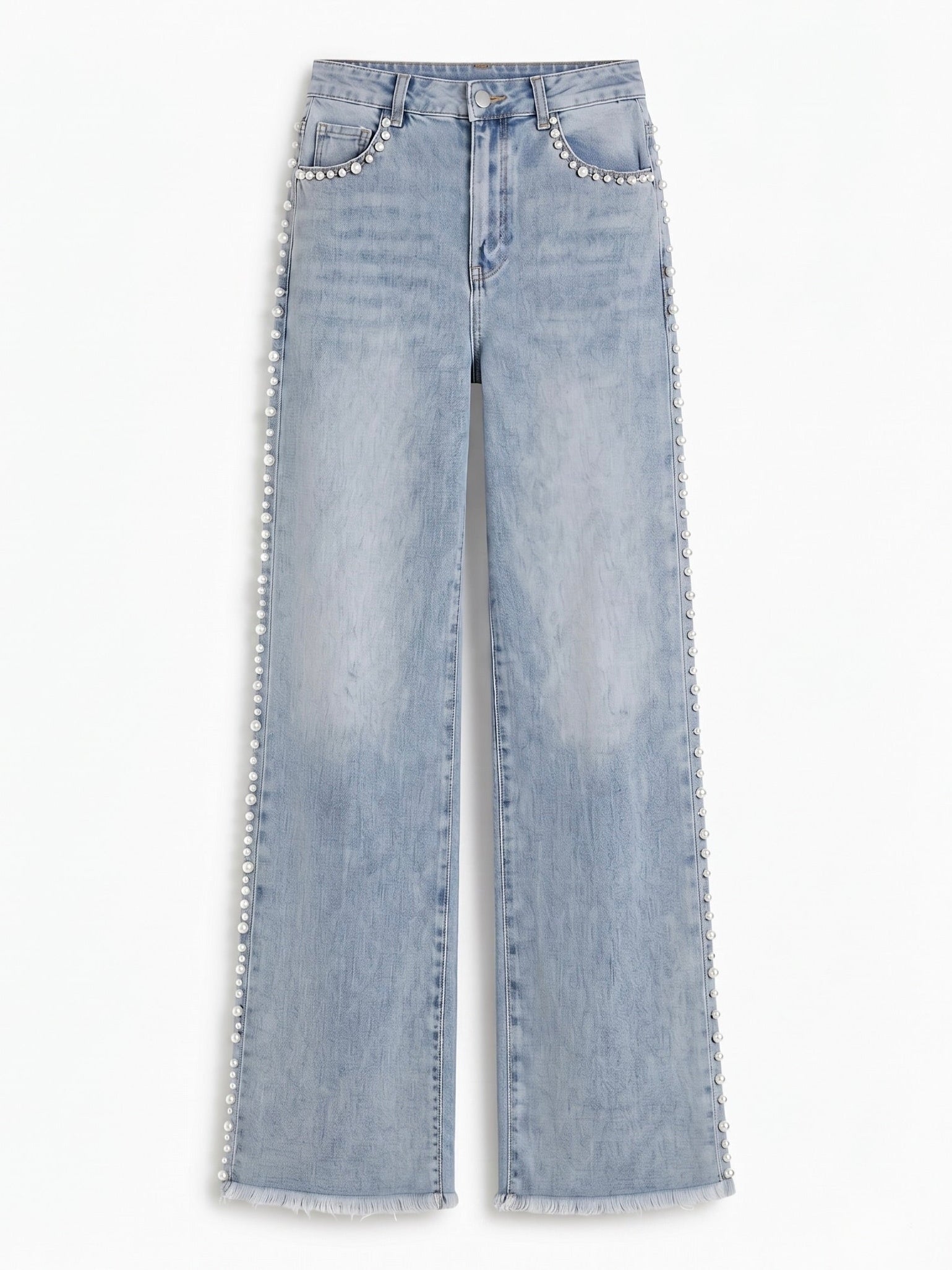 Lea - Pearl Embellished Wide Leg Jeans - Ice Blue