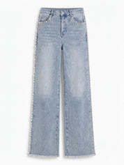 Lea - Pearl Embellished Wide Leg Jeans - Ice Blue