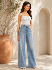 Lea - Pearl Embellished Wide Leg Jeans - Ice Blue