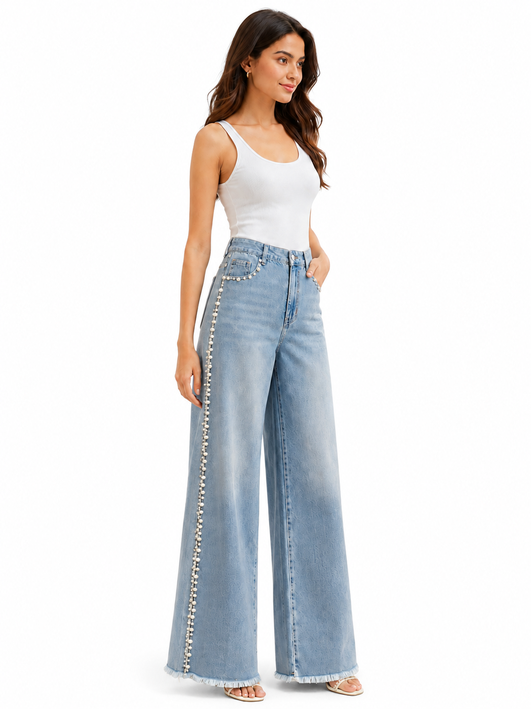 Lea - Pearl Embellished Wide Leg Jeans - Ice Blue