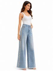 Lea - Pearl Embellished Wide Leg Jeans - Ice Blue