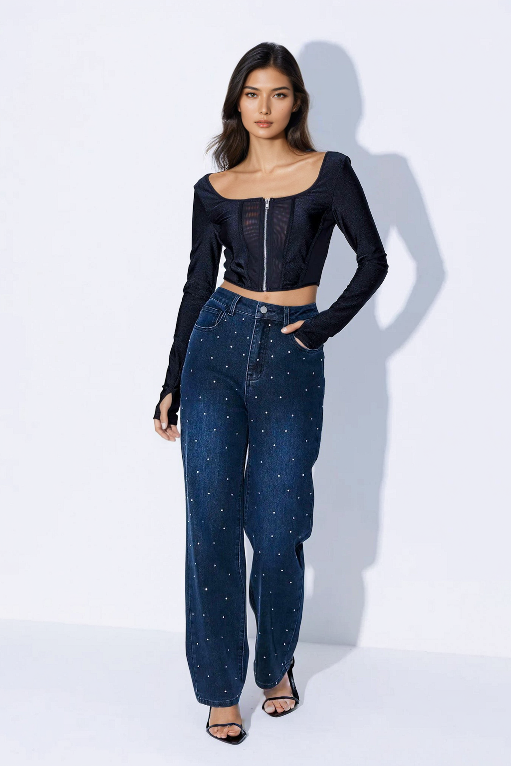 Rhinestone Embellished Wide Leg Jeans Stone Blue