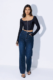 Rhinestone Embellished Wide Leg Jeans Stone Blue