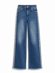 Pearl Affair - Pearl Embellished Wide Leg Jeans - Dark Blue