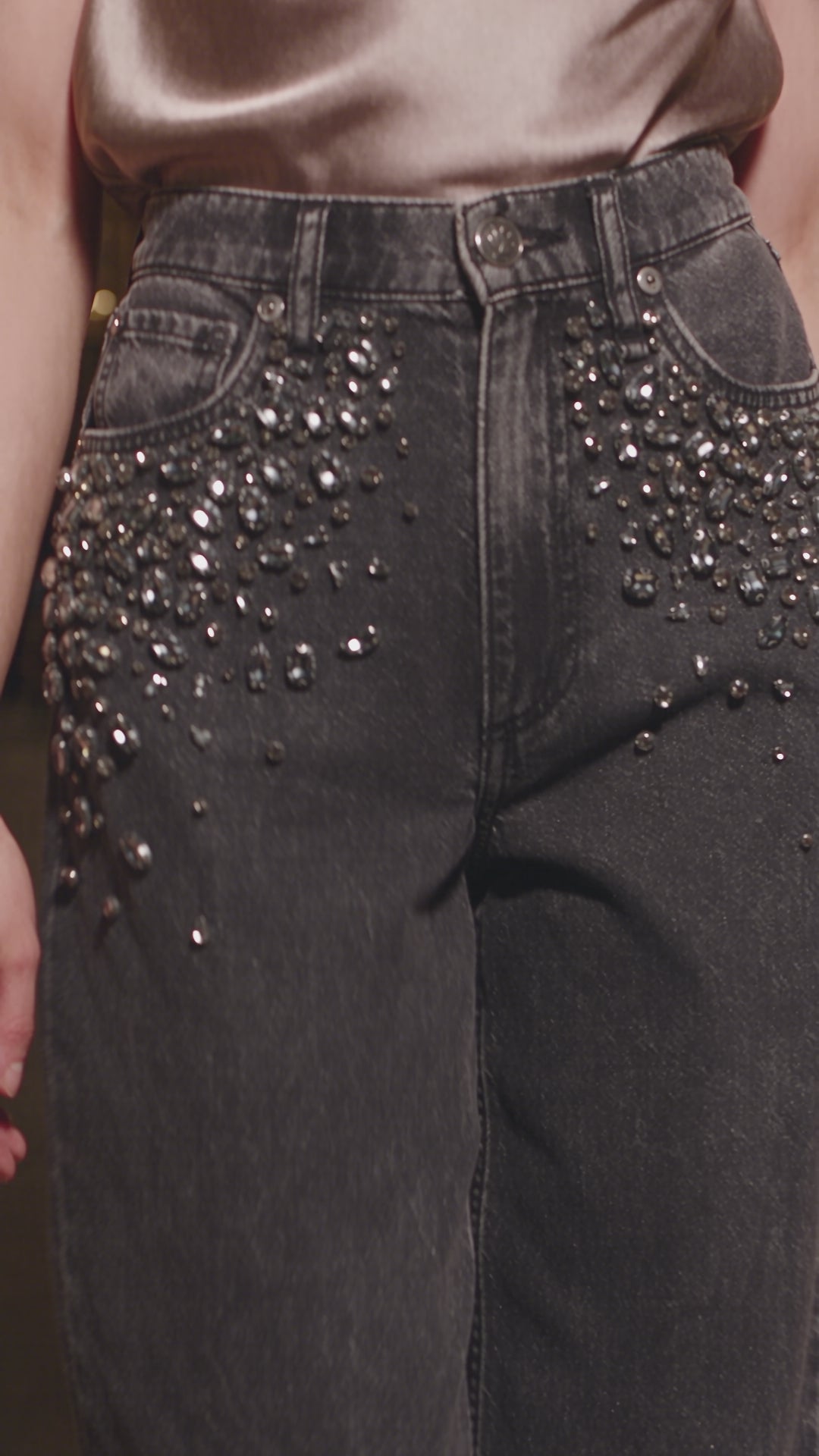 Glam Noir - Rhinestone Embellished Wide Leg Jeans - Black