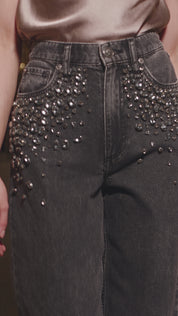 Glam Noir - Rhinestone Embellished Wide Leg Jeans - Black