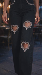 Black Heart - Rhinestone Embellished Cut Out Jeans - Black