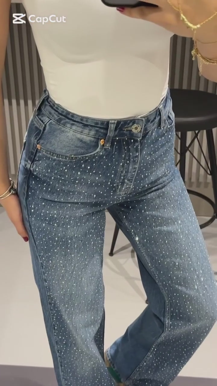 Midnight Blue Diamante Denim High Rise Wide Leg Jeans