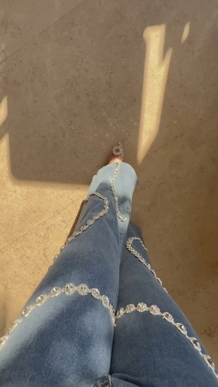 Rhinestone Embellished Wide Leg Jeans - Athena