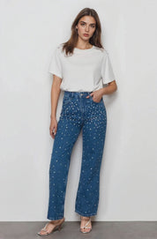 Starry Streak Rhinestone Embellished Wide Leg Jeans