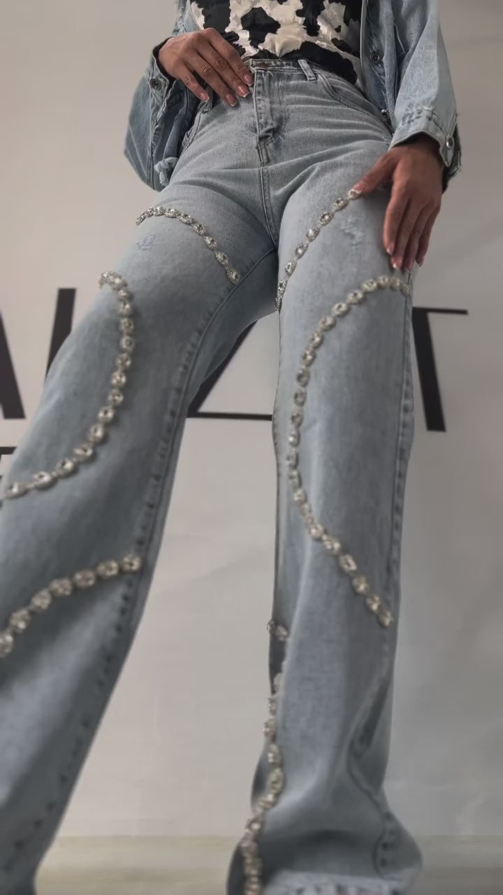 Rhinestone Embellished Wide Leg Jeans - Athena