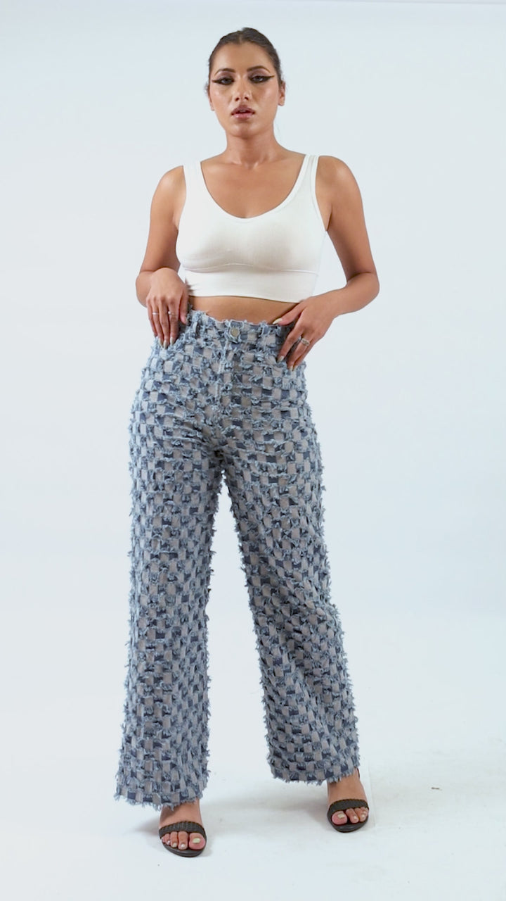 High Rise Wide Leg Jacquard Jeans - Check Mate