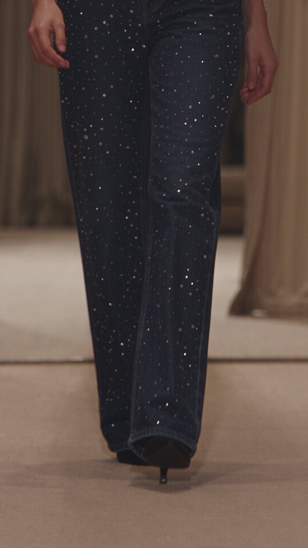 Midnight Blue Diamante Denim High Rise Wide Leg Jeans - Dark Blue