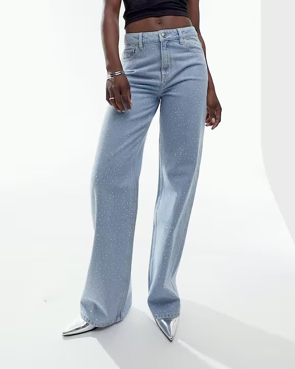 Rhinestone Embellished Wide Leg Jeans - Ice Blue