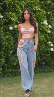 (Limited Edition) Coral Fluèr - Embellished Lace Jeans - Ice Blue
