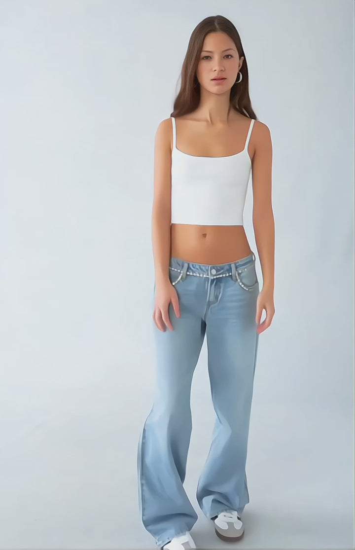 Rhinestone Belt Wide Leg Jeans - Ice Blue