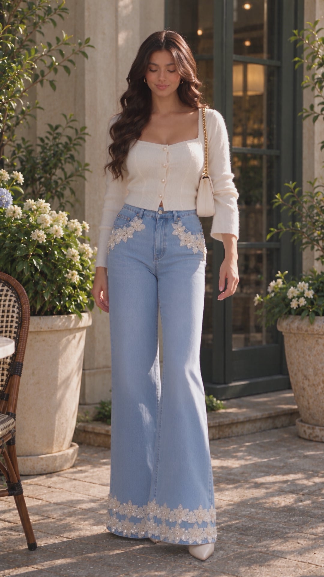 (Limited Edition) Callista Fluèr - Sequinned Lace Jeans - Ice Blue
