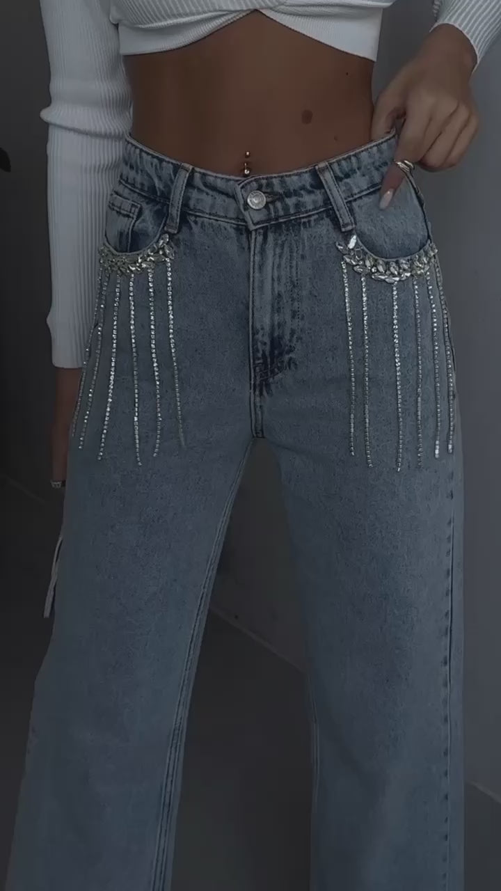 Arabia - Rhinestone Embellished Wide Leg Jeans