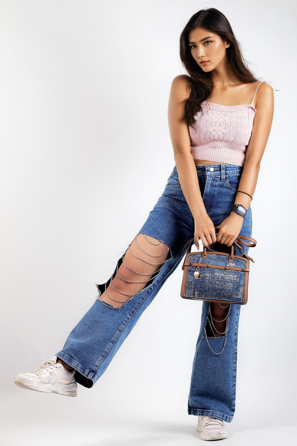 Cut Out Rhinestone Jeans