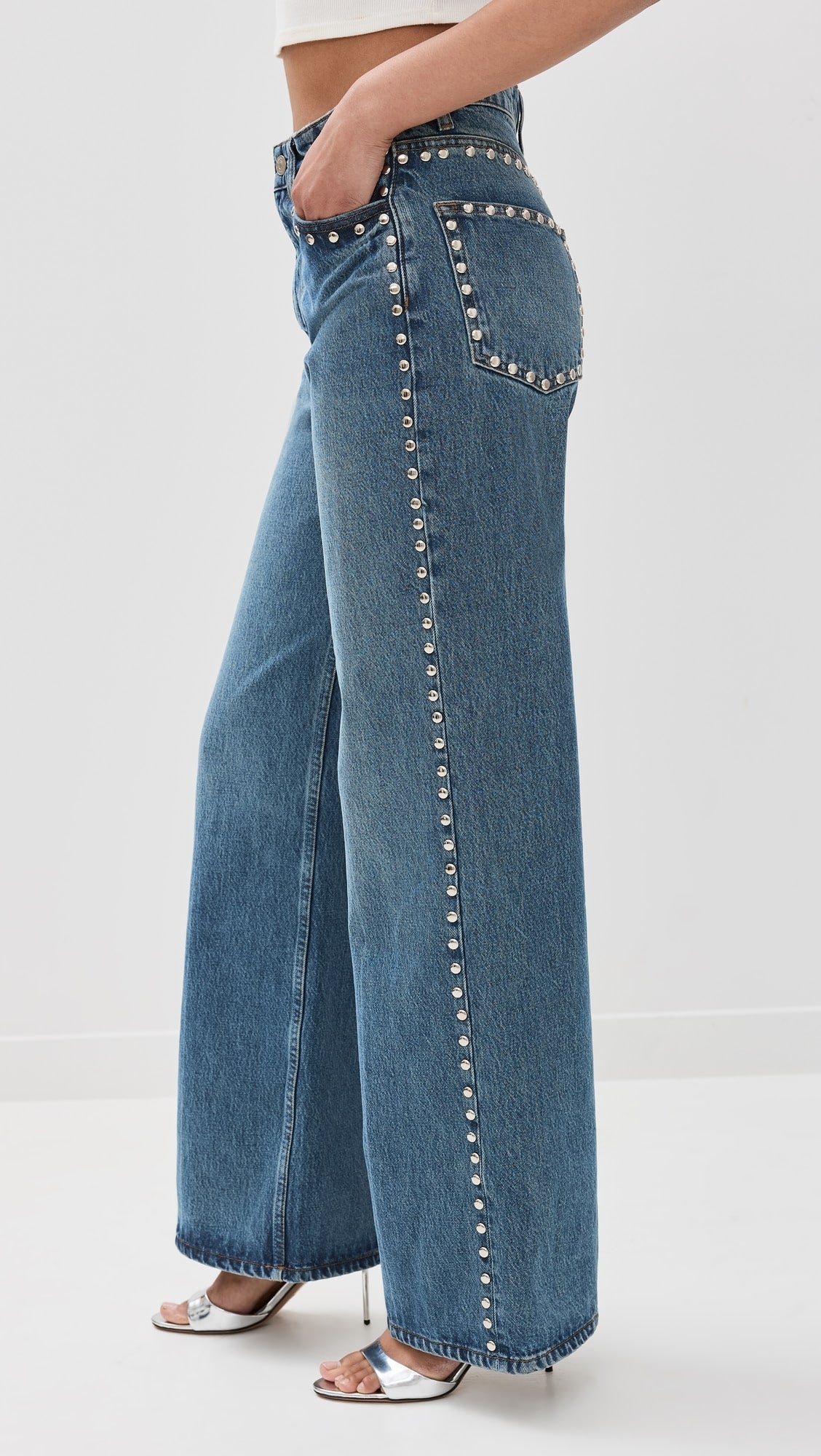 Electric Aura - Rhinestone Embellished Wide Leg Jeans - Dark Blue