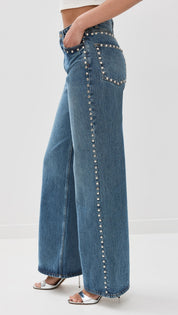 Electric Aura - Rhinestone Embellished Wide Leg Jeans - Dark Blue