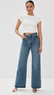 Electric Aura - Rhinestone Embellished Wide Leg Jeans - Dark Blue
