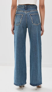 Electric Aura - Rhinestone Embellished Wide Leg Jeans - Dark Blue