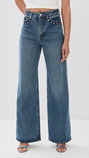 Electric Aura - Rhinestone Embellished Wide Leg Jeans - Dark Blue